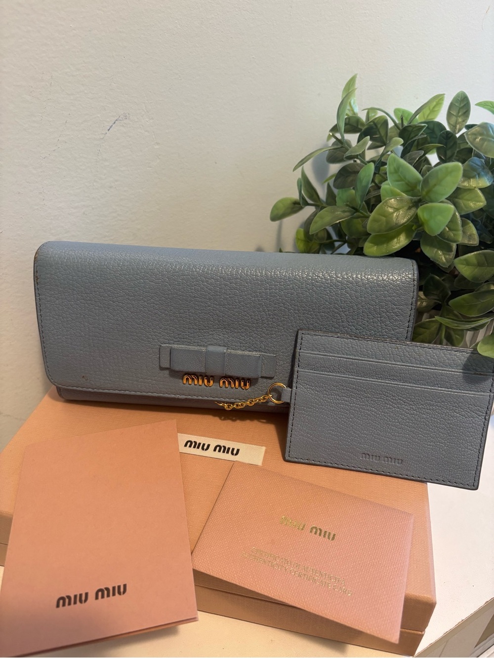 Miu Miu Dusty Blue Pebbled Leather Wallet with Cardholder Insert